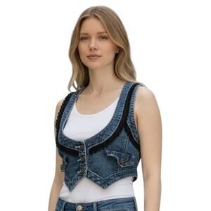 Vintage Bongo Blue Denim Vest 80s Black Trim Cropped racer Back Fitted MED